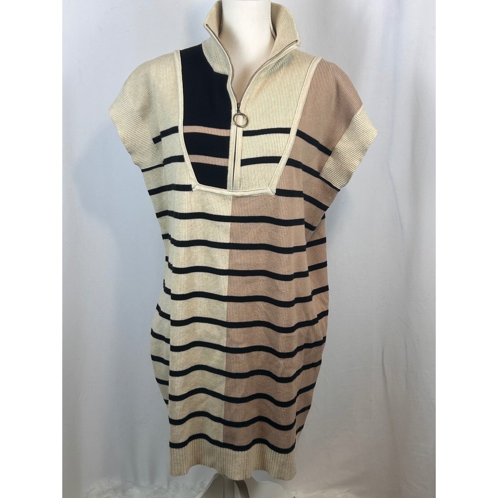 Entro Colorblock Striped Ribbed Knit Quarter Zip Sweater Dress Large Cap Sleeve